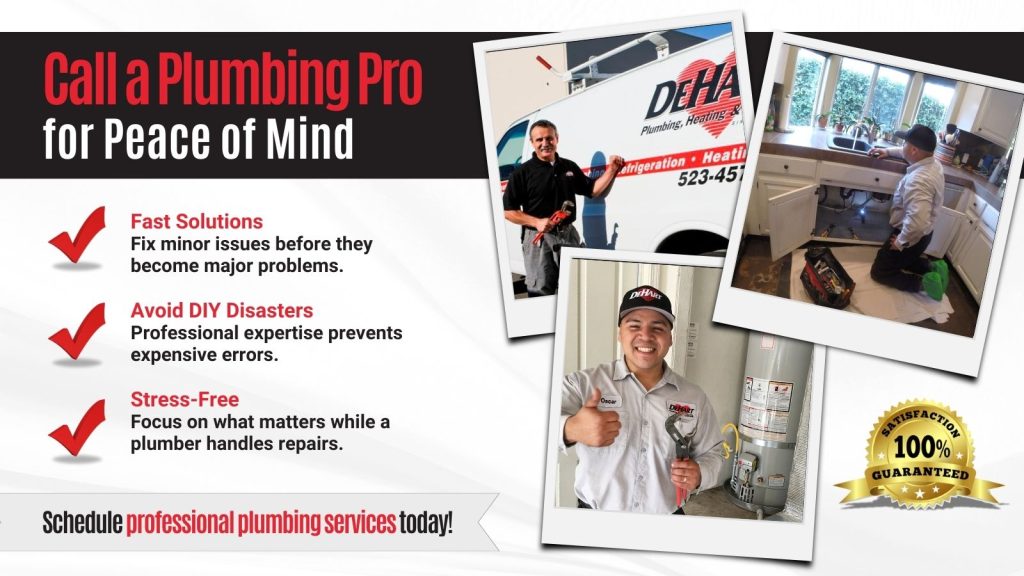 This is an image of a photo collage of DeHart techs on the job. The headline reads; Call a plumbing pro for peace of mind.